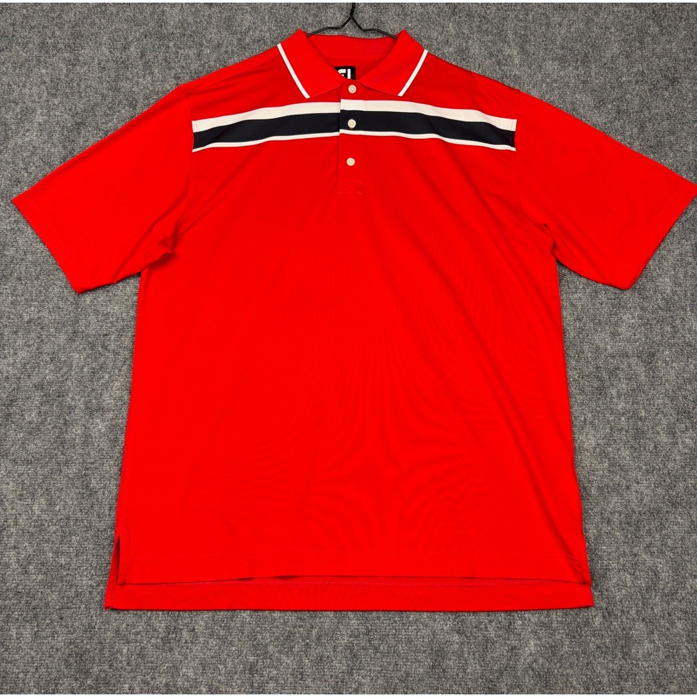 FootJoy Mens XL Red Navy White Striped Performance Golf Polo Shirt Short Sleeve